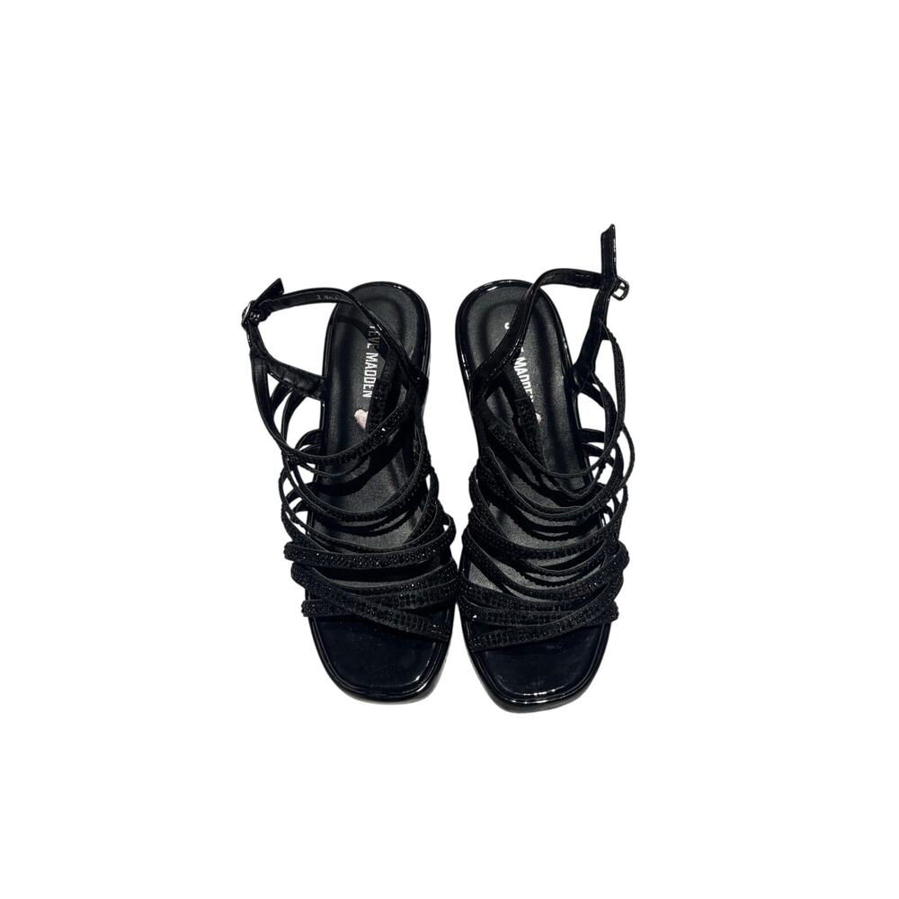 Steve Madden 2 black wedge sandal multi strapped w/ black rhinestones nwt